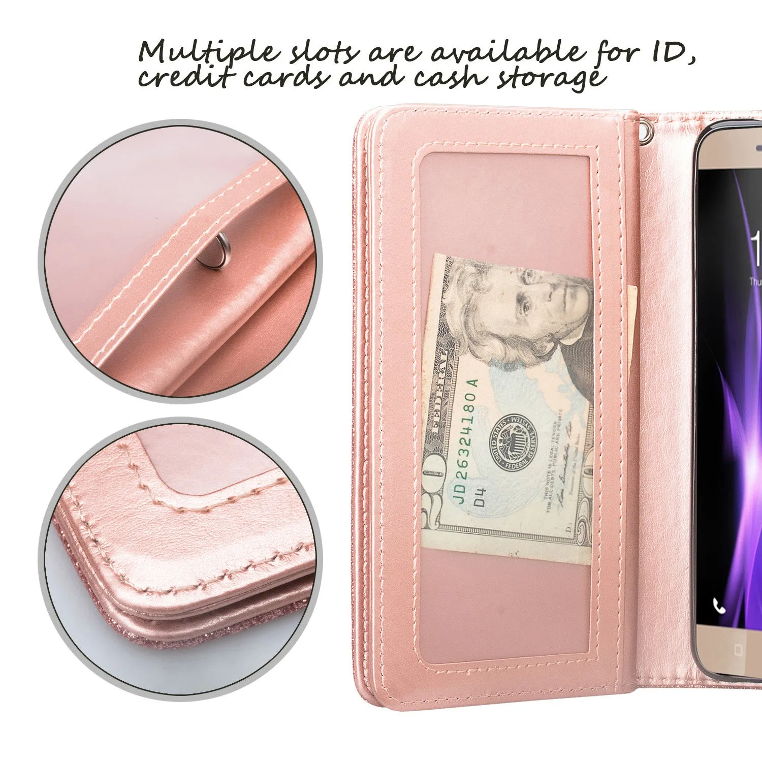 T-mobile REVVL  Plus, Coolpad REVVL Plus Case, [Wrist Strap] Glitter Faux Leather Flip [Kickstand] Wallet Cover Wristlet - Rose Gold