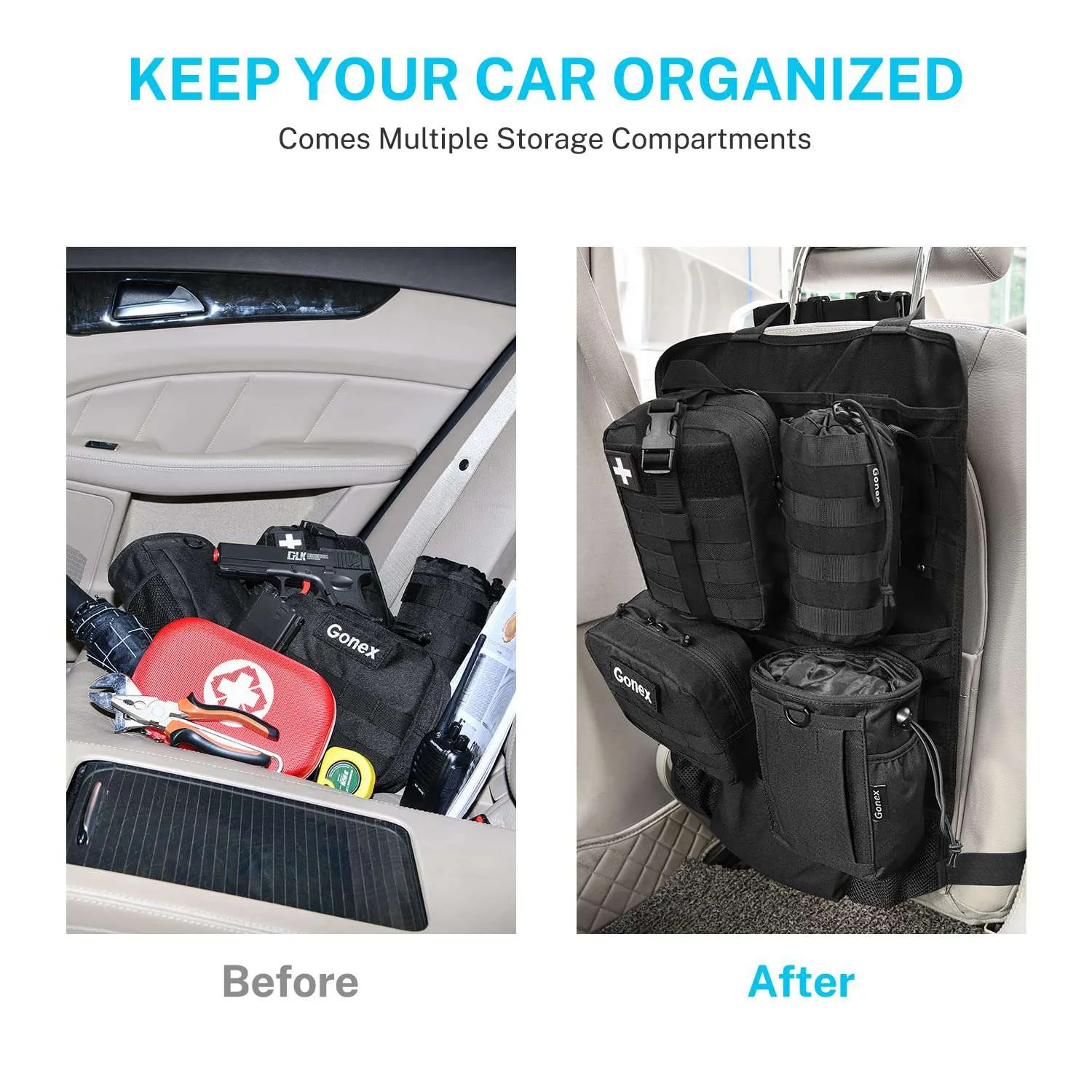 Tactical Car Seat Back Organizer with 4 Detachable Molle Pouch