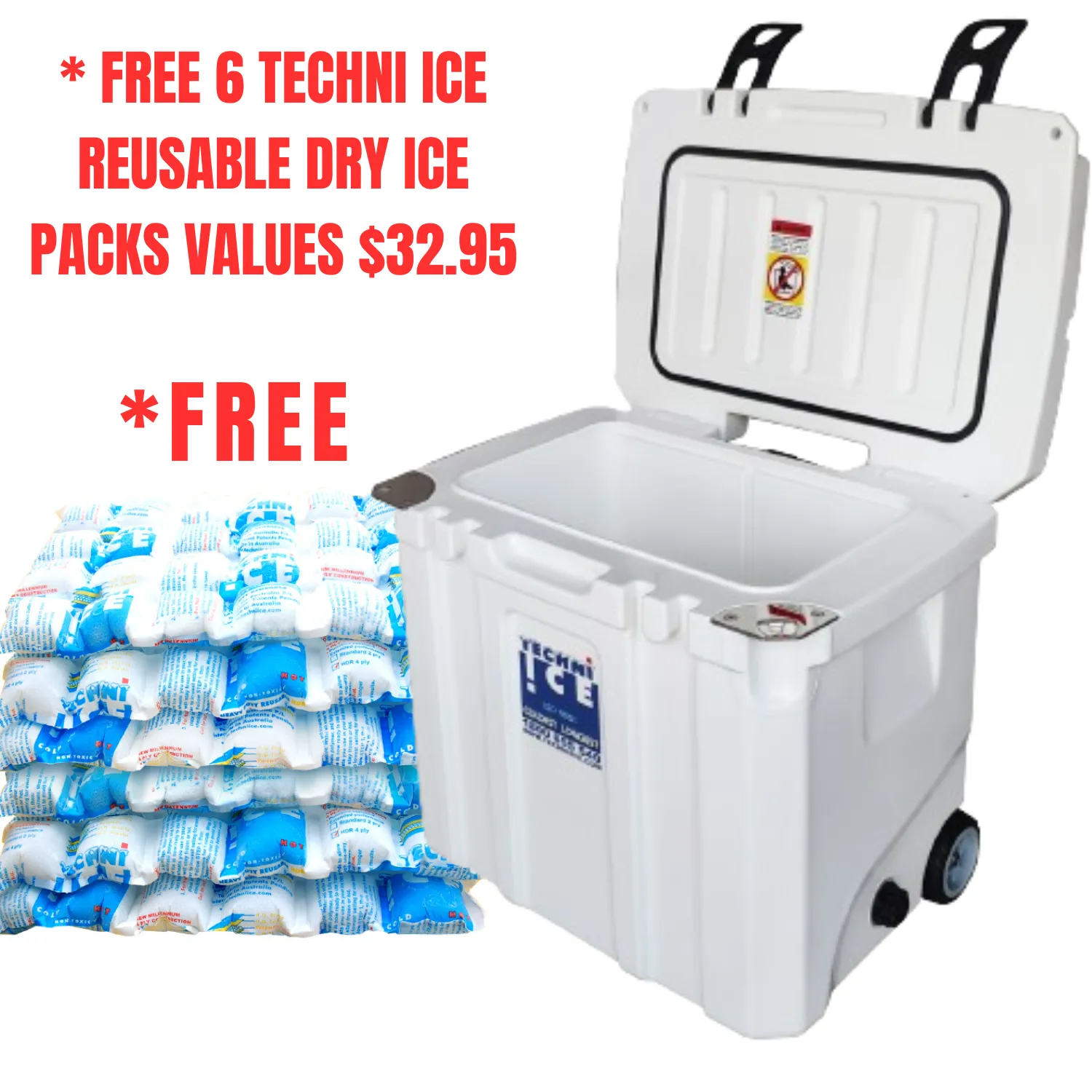 Techni Ice Signature Hybrid Premium Ice Box 35L White with Wheels & Telescopic Travel Handle - *Preorder FOR MID-LATE NOVEMBER DISPATCH *FREE 6 REUSABLE DRY ICE PACKS VALUES $32.95