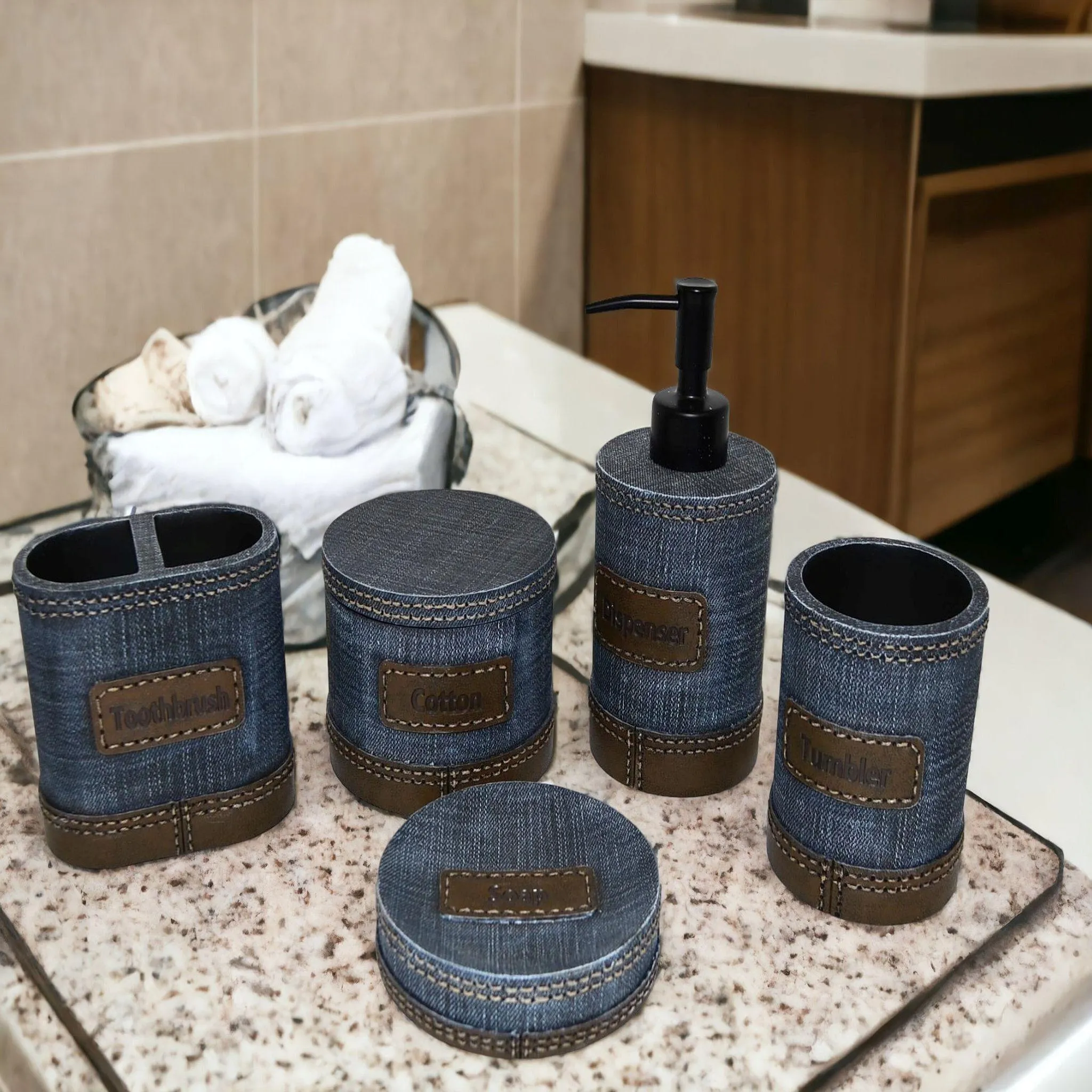 Unique Bathroom Accessory Set of Denim Finish