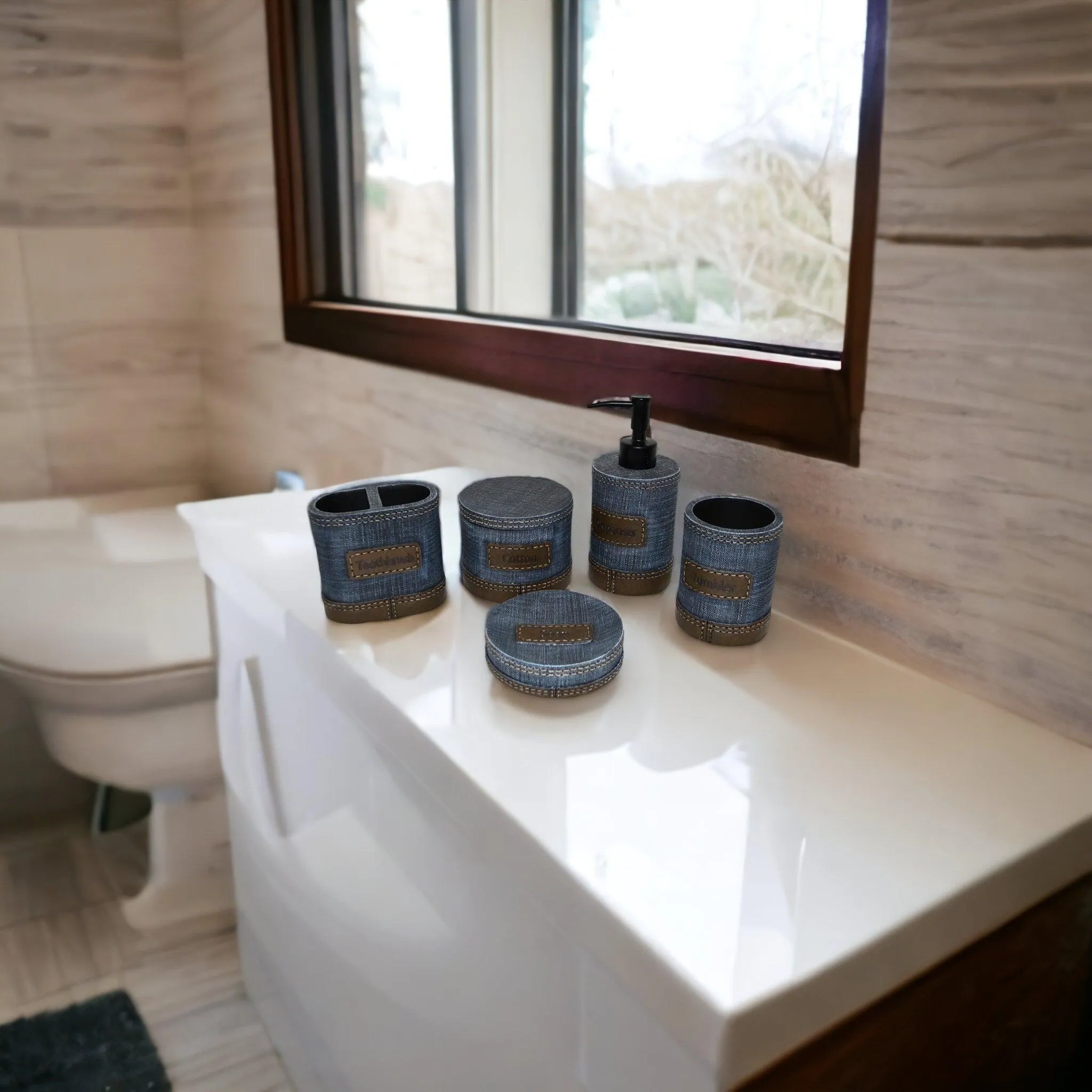 Unique Bathroom Accessory Set of Denim Finish