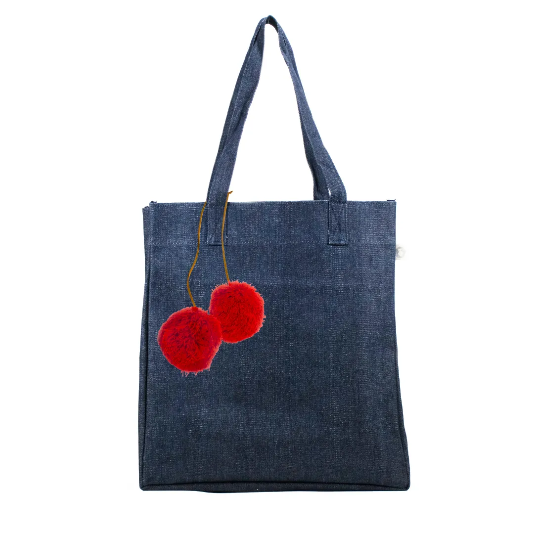 Upright Bag: Denim with Red Pom Poms