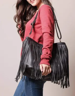 Vegan Leather 2-in-1 Fringe Tote - Black