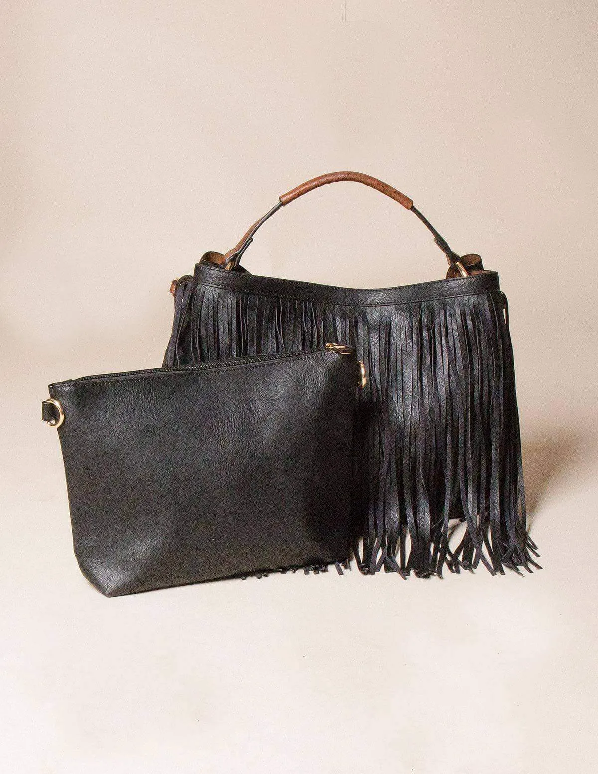 Vegan Leather 2-in-1 Fringe Tote - Black