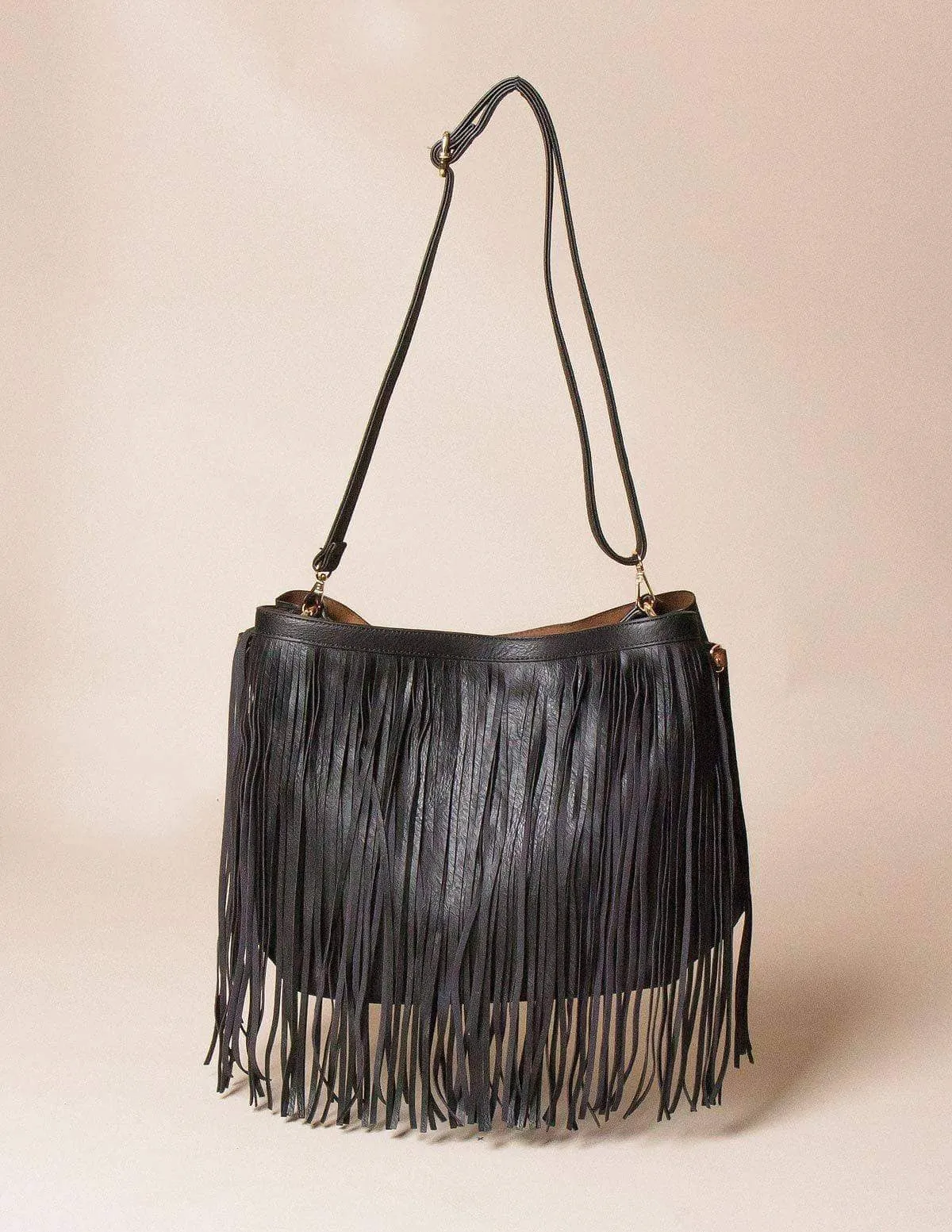 Vegan Leather 2-in-1 Fringe Tote - Black