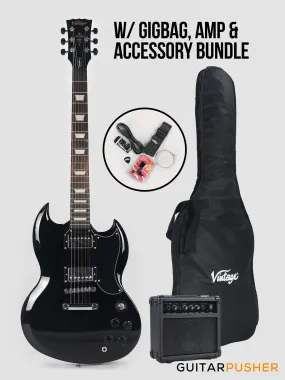 Vintage Coaster Series V69 Electric Guitar w/ Kinsman 10-Watt Amplifier, Gig Bag, & Accessories - Boulevard Black