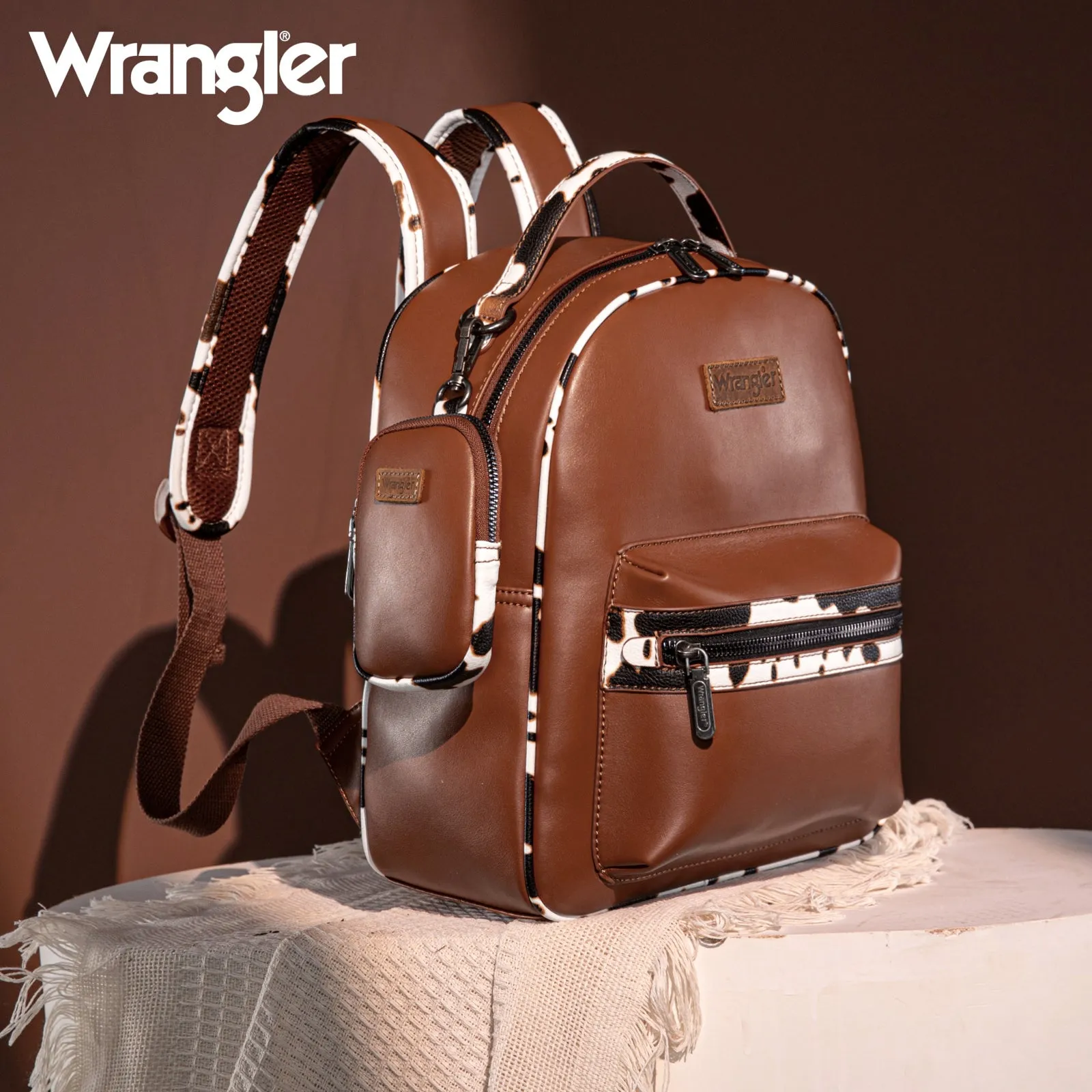 WG102-8603  Wrangler  Cow Print Backpack With Coin Pouch - Brown