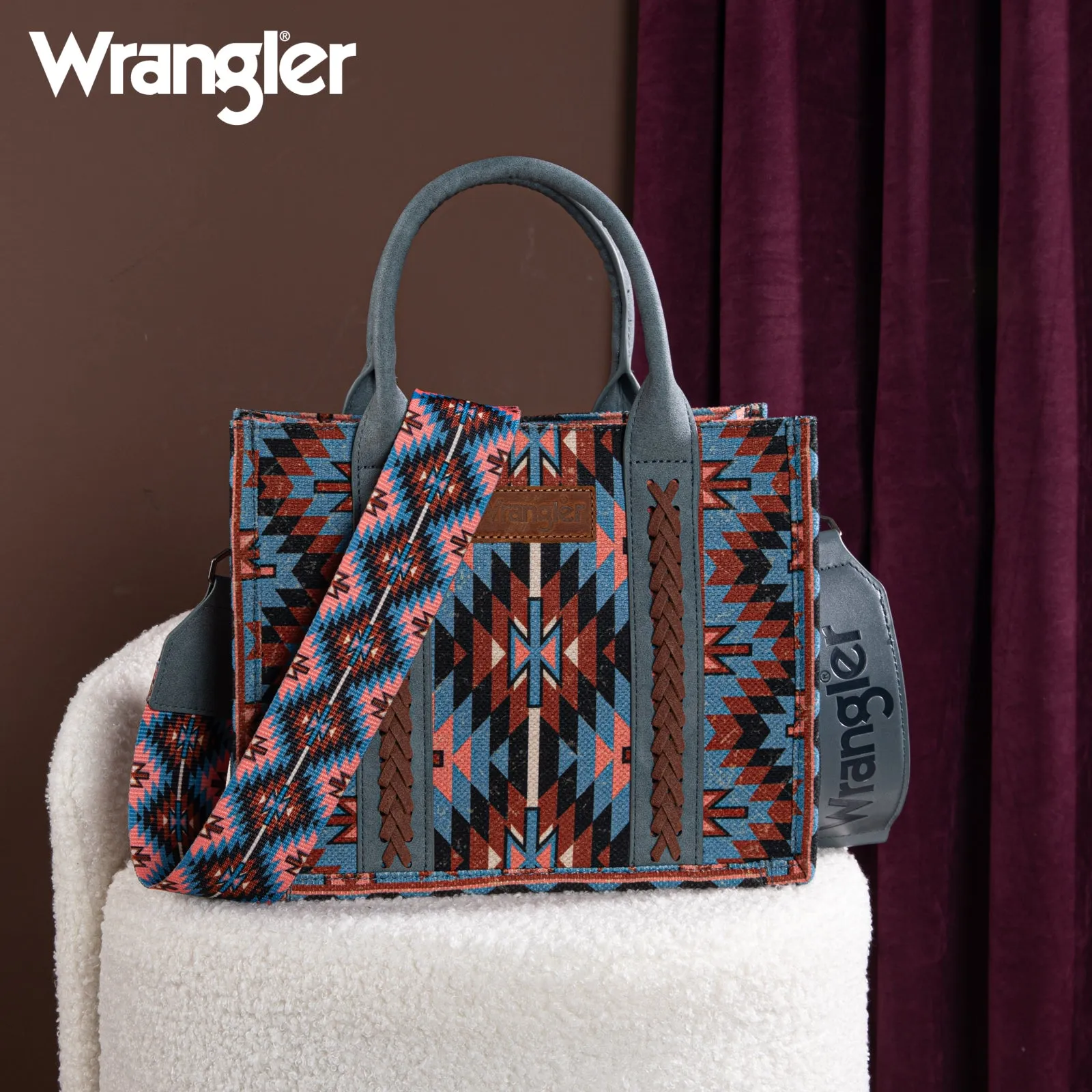 WG2213-8120S  Wrangler Southwestern Pattern Dual Sided Print -Tote/Crossbody -NAVY