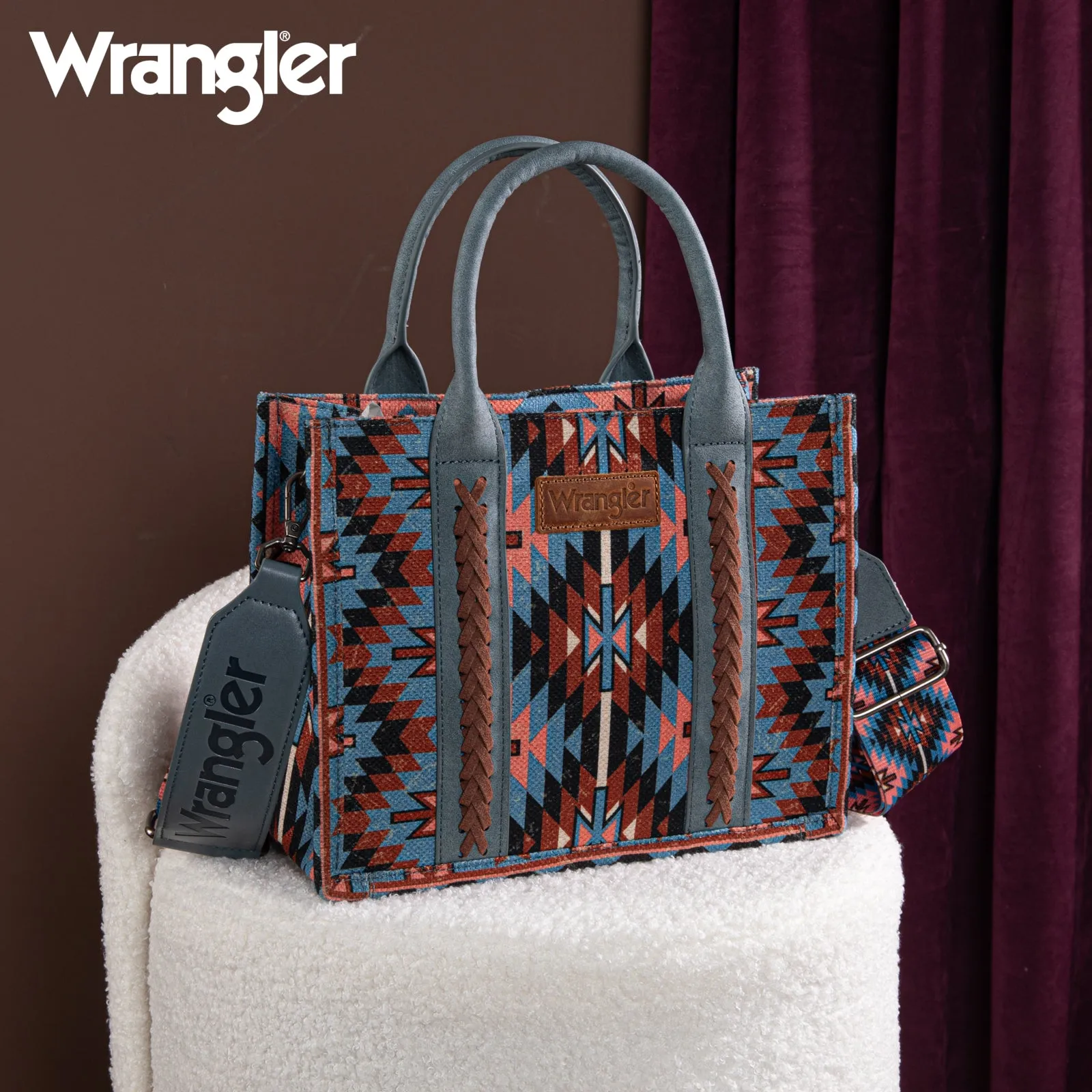 WG2213-8120S  Wrangler Southwestern Pattern Dual Sided Print -Tote/Crossbody -NAVY