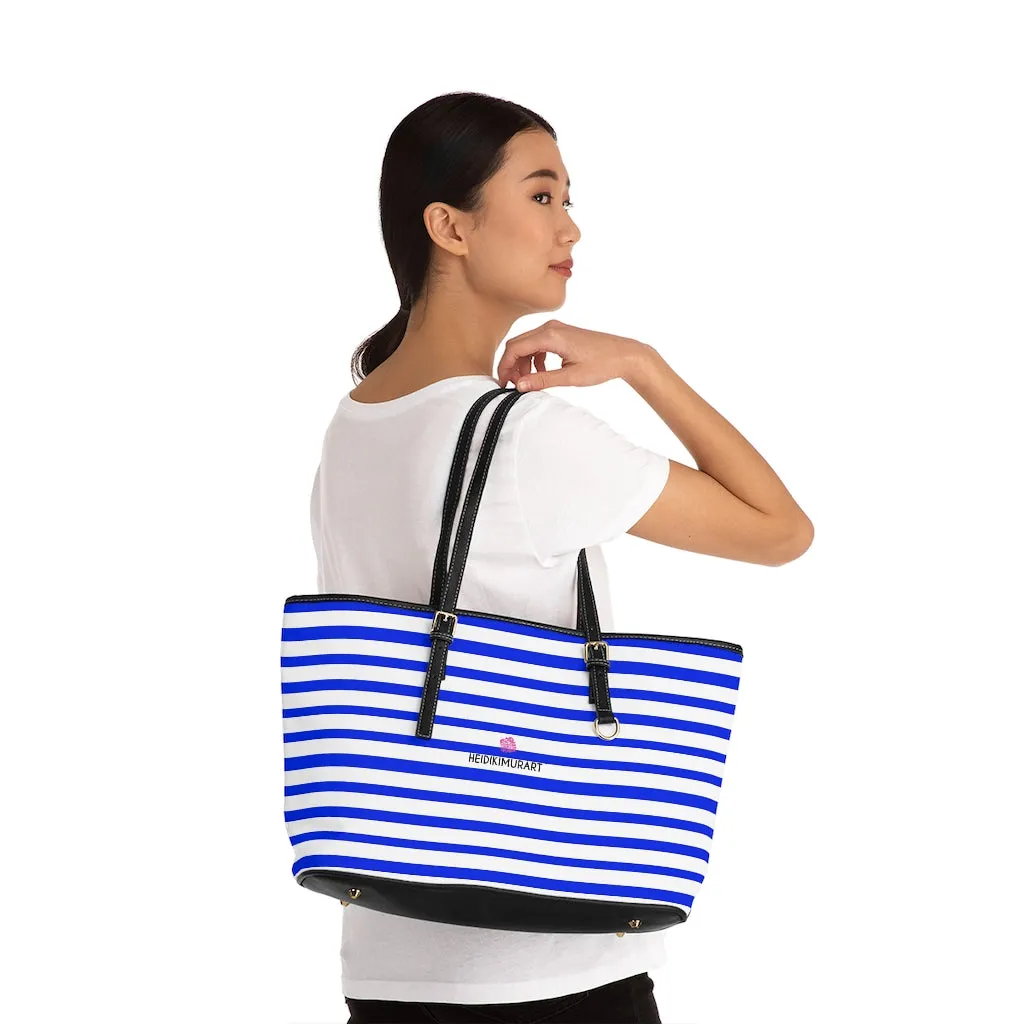 White Blue Stripes Tote Bag, Horizontally Striped PU Leather Shoulder Hand Work Bag 17"x11"/ 16"x10"