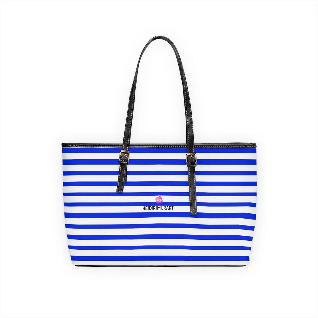 White Blue Stripes Tote Bag, Horizontally Striped PU Leather Shoulder Hand Work Bag 17"x11"/ 16"x10"