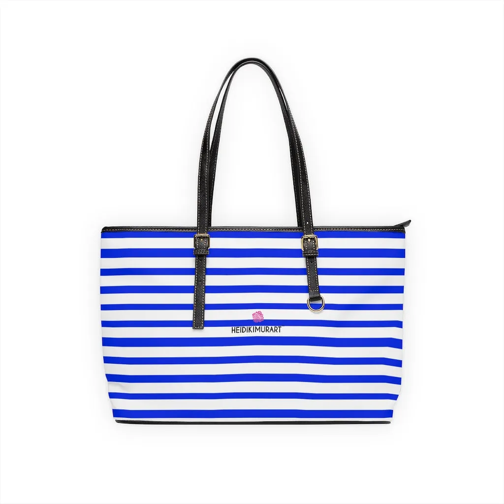 White Blue Stripes Tote Bag, Horizontally Striped PU Leather Shoulder Hand Work Bag 17"x11"/ 16"x10"