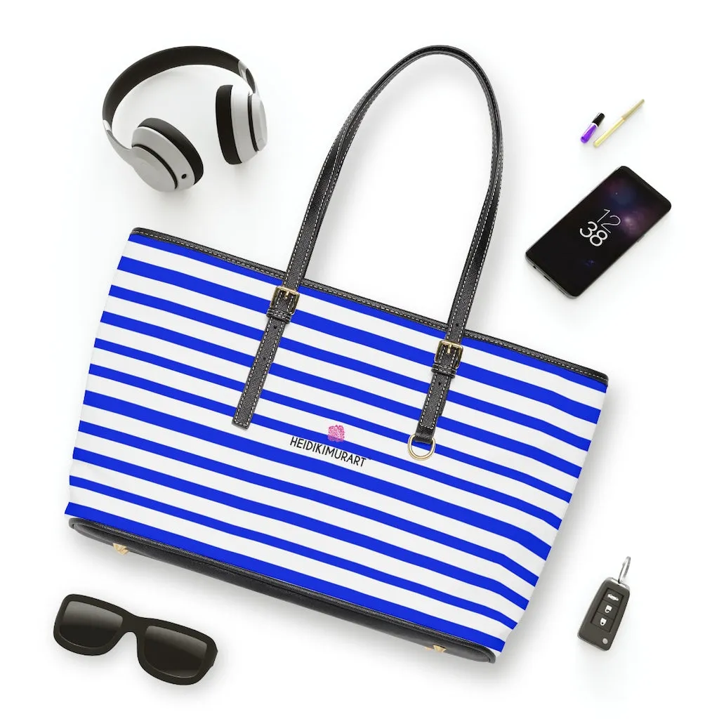 White Blue Stripes Tote Bag, Horizontally Striped PU Leather Shoulder Hand Work Bag 17"x11"/ 16"x10"