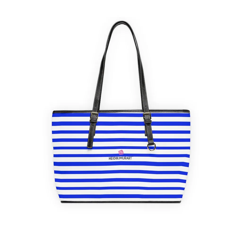 White Blue Stripes Tote Bag, Horizontally Striped PU Leather Shoulder Hand Work Bag 17"x11"/ 16"x10"