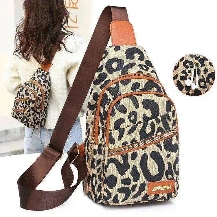 Women's Leopard Print Sling Chest Crossbody & Backpack Bag With Headphone Jack