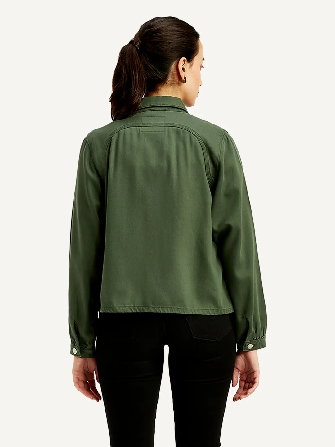 Women's Solid Olive Spread Collar Jacket