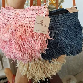 Woven Straw Shoulder Bag In Pink, Black Or Natural With Leather Strap