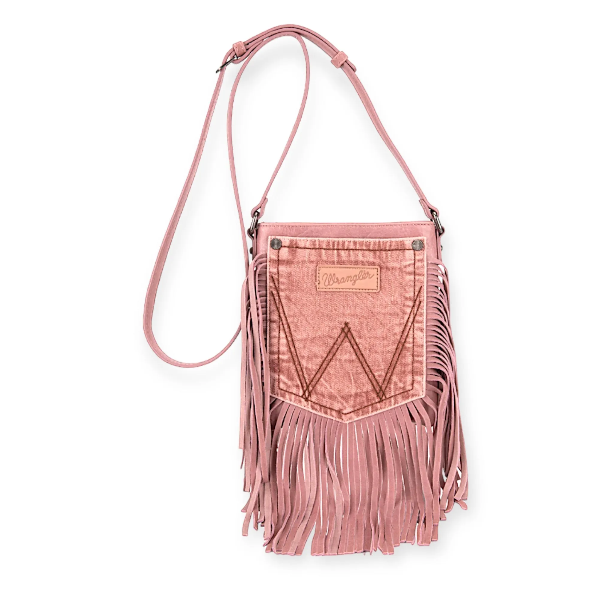 Wrangler Leather Fringe Jean Denim Pocket Crossbody Bag - Pink/Pink