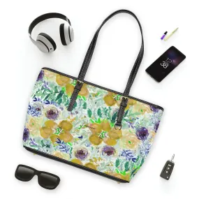 Yellow Floral Rose Tote Bag, Flower Print Best Designer Women's PU Leather Shoulder Hand Work Bag