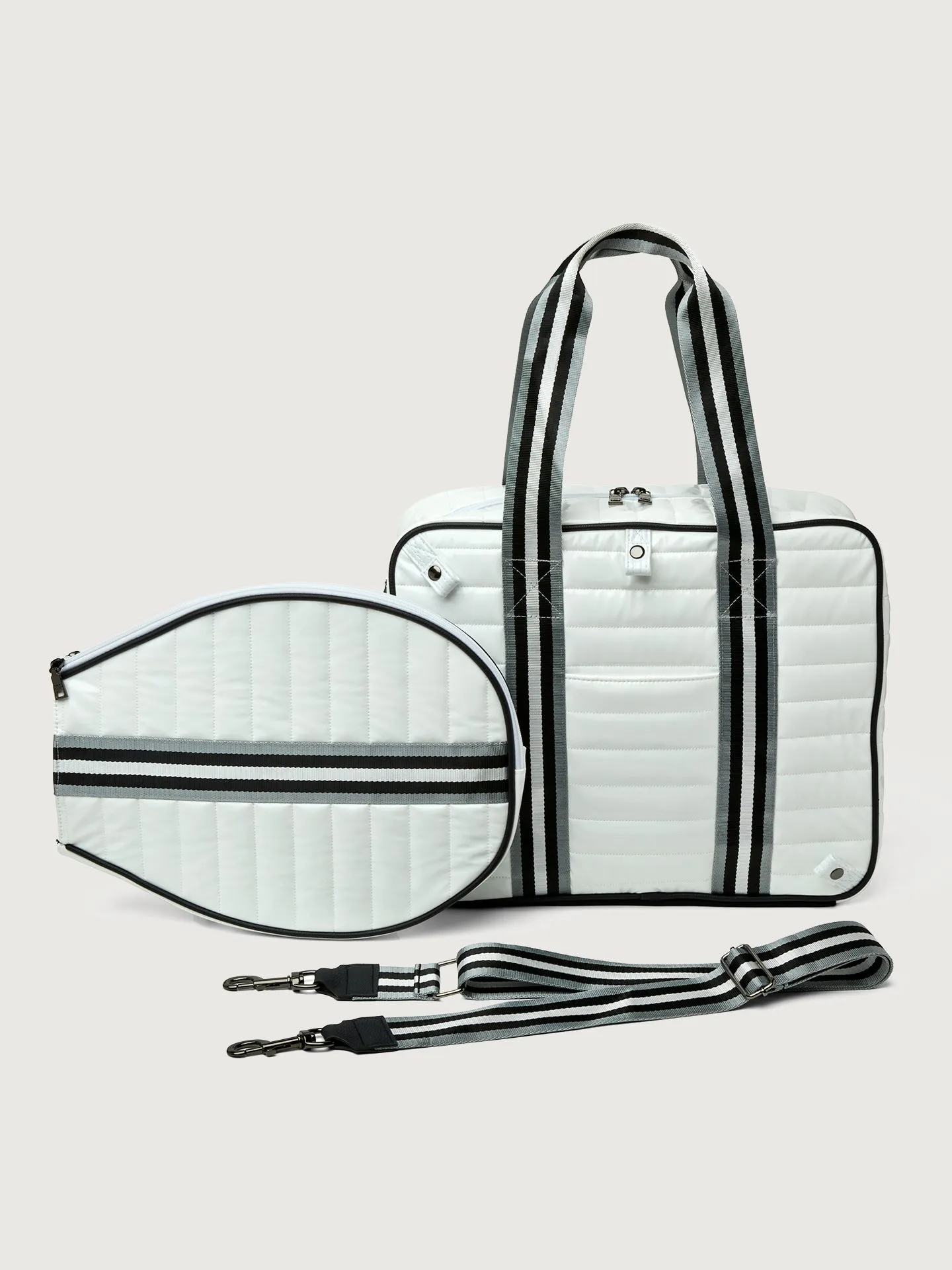 You are the Champion Tennis Bag - White Patent/ Black/ White Web