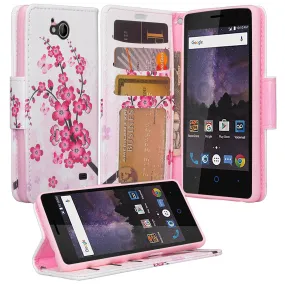 ZTE Majesty Pro, Majesty Pro Plus, Tempo Cover, Pu Leather Magnetic Fold[Kickstand] Wallet Case with ID & Card Slots - Cherry Blossom